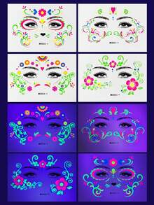 4pcs Neon Floral Temporary Tattoos, Glow-In-The-Dark Body Art Stickers, Suitable For Night Parties, Music Festivals, Cheek & Brow Art In Spring/Summer - Multicolor - View 9