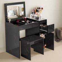 Vanity Dressing Table With Flip Mirror Stool Multifunctional Bedroom Desk - Black Marble Dressing Table - View 2