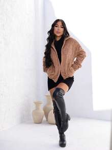 Women's Teddy Jacket With Heart Embossing, High Neck, Front Zipper, Pockets, Fleece Lined, Casual, Comfortable, , Autumn/Winter Fashion - Lạc đà - Xem 5