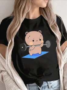 Women's T-Shirt. This Pure Cotton Short-Sleeved T-Shirt Features A Design Of A Bear Lifting Weights. It's Lightweight, Durable, And Suitable For The Gym, Home, Or Casual Wear, Offering Everyday Comfort. Comfortable And Lightweight - 黑色 - 查看 8