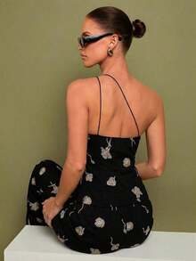Set de 2 piezas de Top con hombros y pantalones a lunares para mujer, uso casual minimalista de todos los días - Negro - Ver 5