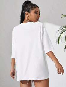 Camiseta Oversize con Estampado de Letras y Hombros Caídos, Camisetas Gráficas para Mujer, Unisex, 100% Algodón - Blanco - Ver 3