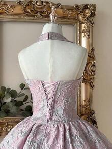 Vestido elegante, romántico y de moda de tela jacquard burdeos con escote halter, espalda descubierta y manga larga en corte evasé, adecuado para ceremonia de graduación, apertura de escuela, festival de música, fiesta de cumpleaños, boda, té de la tarde, baile de graduación - Lila Púrpura - Ver 3