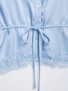 Dravelle DEEKA Spring/Summer New Women's Fashion European And American Style Minimalist Sexy Lace Decor Satin Blouse Casual - Baby Blue - View 10