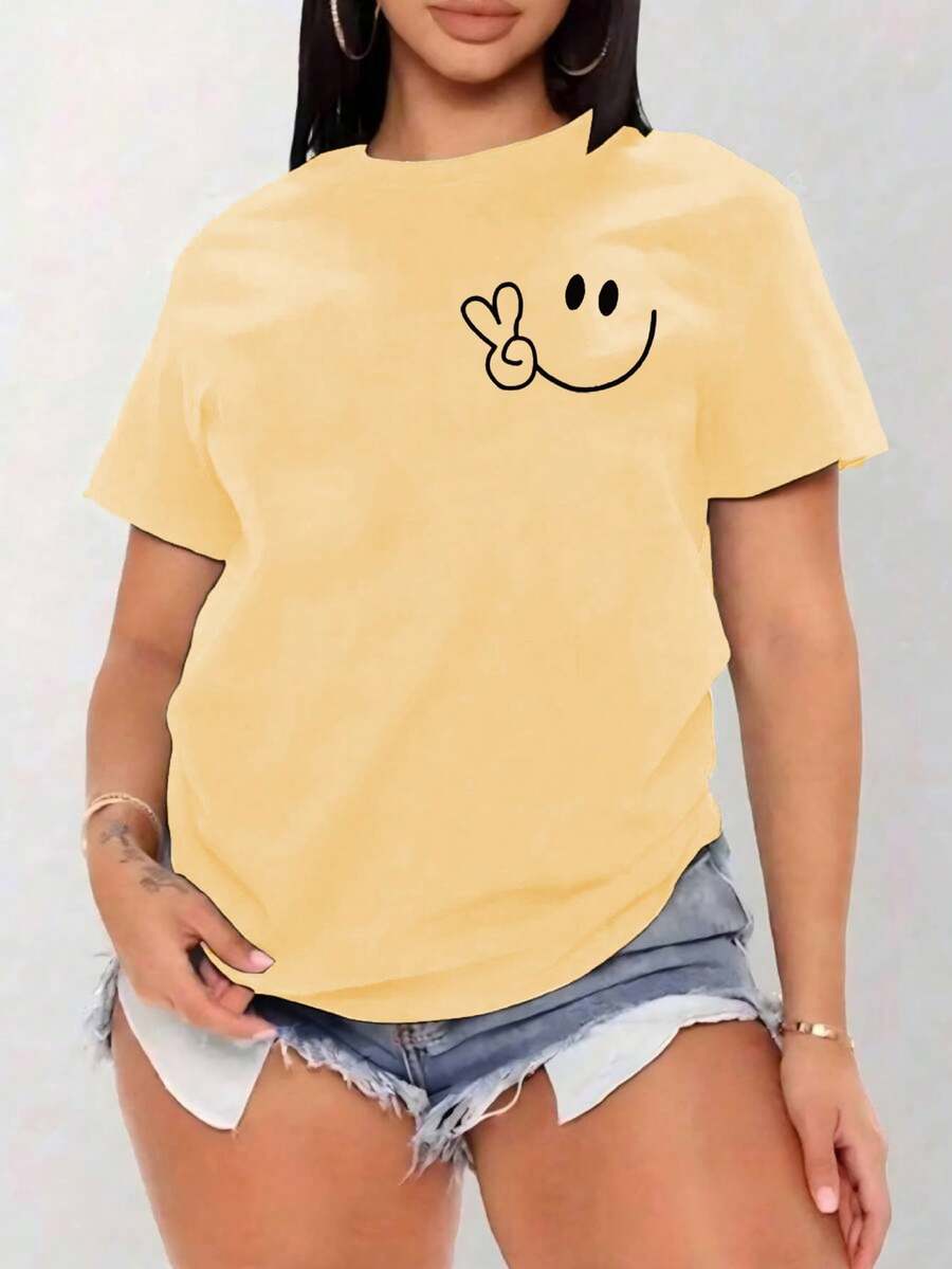 Women's Oversized Red Summer T-Shirt With Face And Peace Sign Print. Casual Red Short-Sleeved T-Shirt With Face, Ideal For Cool Summer Looks. - YH463-黃色 - 查看 1