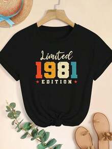 Camiseta Casual con Estampado Gráfico para Mujer, Edición Limitada 1981 - Top de Manga Corta de Inspiración Retro Vintage con Rayas y Estrellas Coloridas, Cuello Redondo, Tela de Elasticidad Media, Lavable a Máquina, Tallas S-XXL para Primavera, Verano y Otoño, Camisetas Vintage, Moda de Temporada, Diseño de Inspiración Vintage, Material No Transparente, Atuendo Diario, Estampado Divertido, Tela Transpirable, para Fanáticos del Estilo Urbano - Negro - Ver 7
