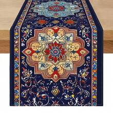 1pc Indigo Persian Rug Pattern Printed Table Runner, Boho Style Rectangular Table Runner/Cabinet Decor Flag, Polyester Printed, Suitable For Indoor/Outdoor, Daily Use, Wedding, Holiday Home Decor, Dining Room, Living Room, Dining Table, Kitchen, Party, Holiday Gift, All Seasons - Multicolor - View 5