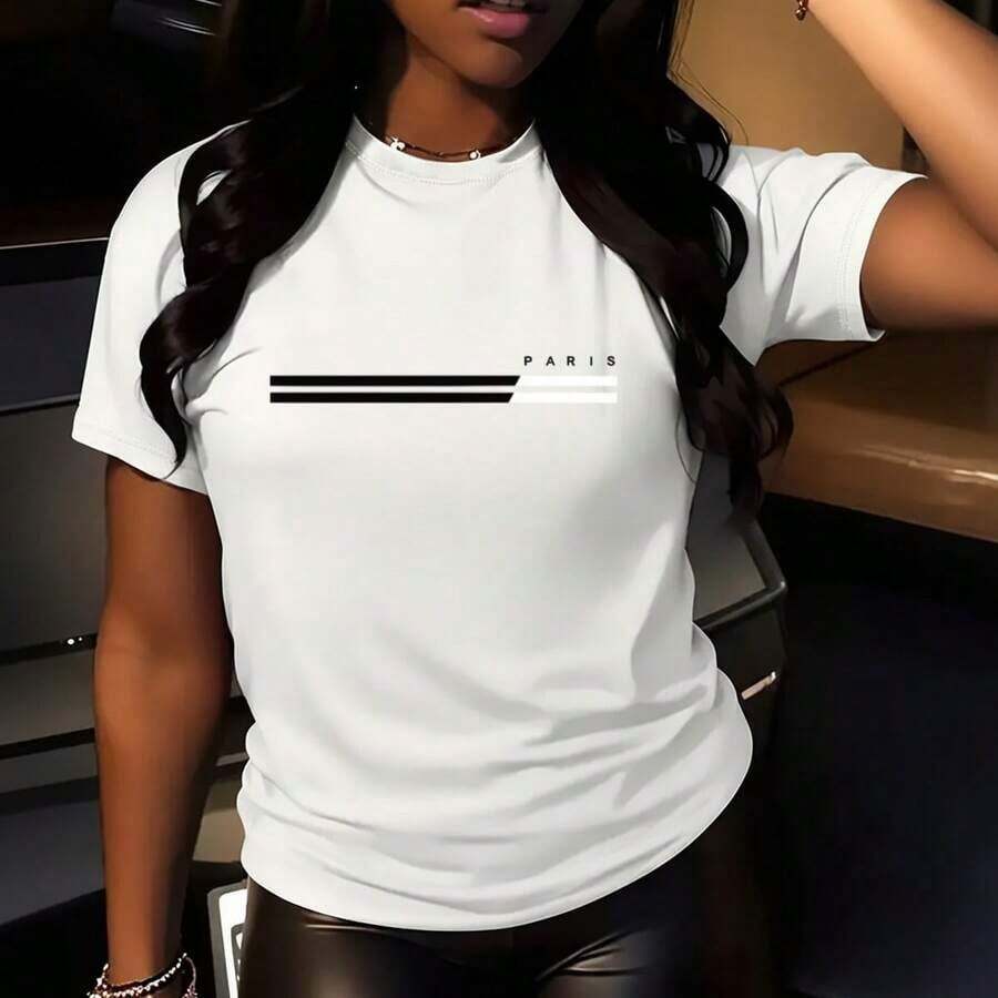 Camiseta de Algodón Vintage para Mujer, Tallas Grandes, con Estampado de París, Manga Corta, Cuello Redondo, Corte Holgado, Casual, para Tallas 0XL-5XL, Suave y Cómoda, Diseño en Blanco y Negro, Ropa Casual a la Moda, Tallas Grandes - Blanco - Ver 1