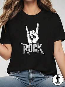 Talla - Talla - Camiseta de Mujer de Talla con Estampado Gráfico ROCK, Top Casual de Manga Corta con Cuello Redondo para Verano y Primavera, Ropa de Mujer - Negro - Ver 2