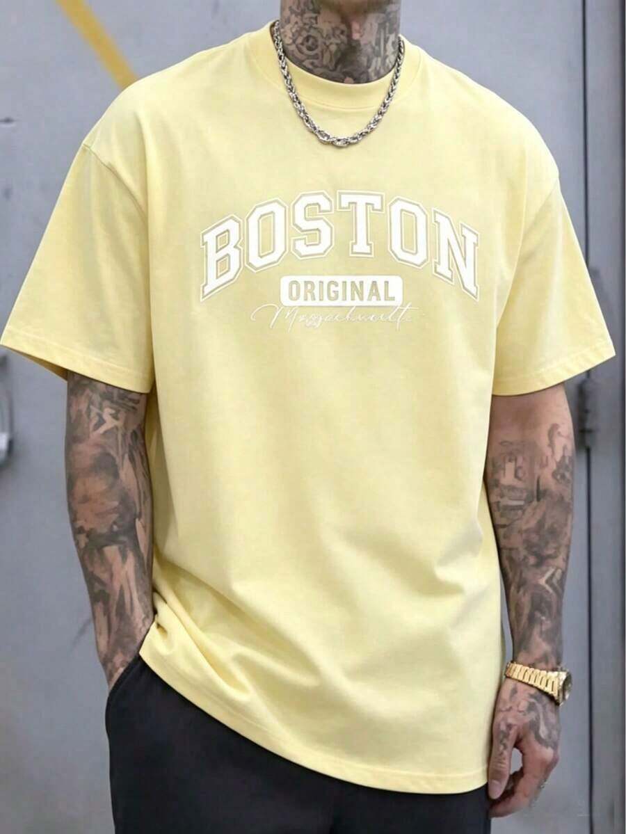 Original Design Men's T-Shirt 100% Cotton | Short-Sleeved, Crew-Neck T-Shirt, Soft And Breathable, With A Striking "Boston" Print, Suitable For All Seasons, Making It An Ideal Choice For Casual Wear And Holidays Such As Christmas, Easter, Halloween And Thanksgiving. - 黃色 - 查看 1