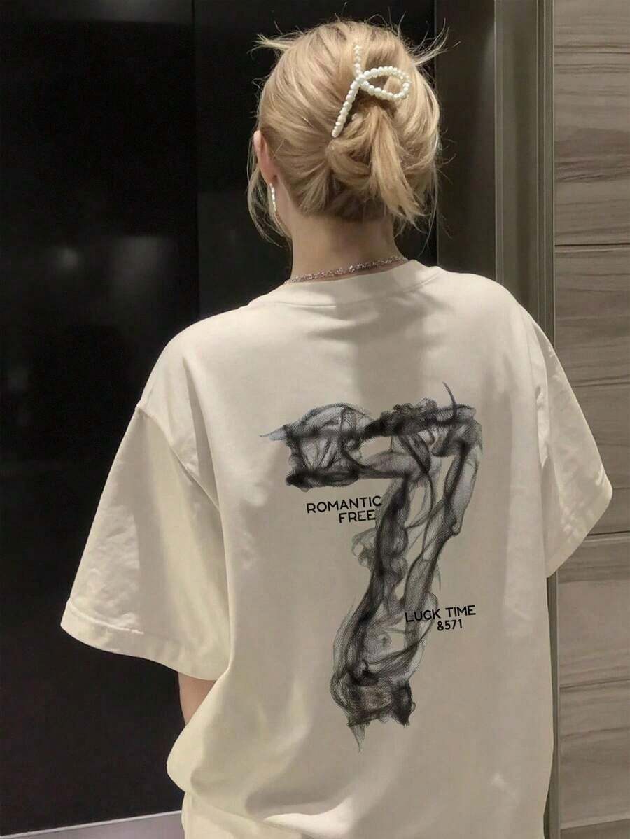 Vintage Women's Oversized Graphic Print Short Sleeve T-Shirt, Fashionable Summer Clothing, Crew Neck, 100% Cotton, Soft Fabric, Breathable And Cool Short Sleeve - 白色 - 查看 1