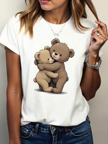 Women's T-Shirt With Cartoon Bear Print - Summer Casual Sportswear, Short Sleeve, Soft, Breathable And Comfortable, Easy To Care For, Quick-Drying, Suitable For Outdoor Activities And Casual Wear, Casual Style, ALL/Everyone/All. - 白色 - 查看 6