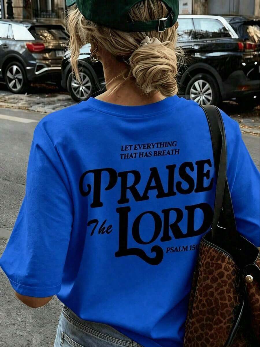 [Free Shipping] Women's Short Sleeve T-Shirt, Casual Summer Style, Simple Letter Print, Round Neck, Multifunctional, Camel Color, Ideal For Everyday Wear And Vacations. Casual Graphic T-Shirts For Women - 藍色 - 查看 1