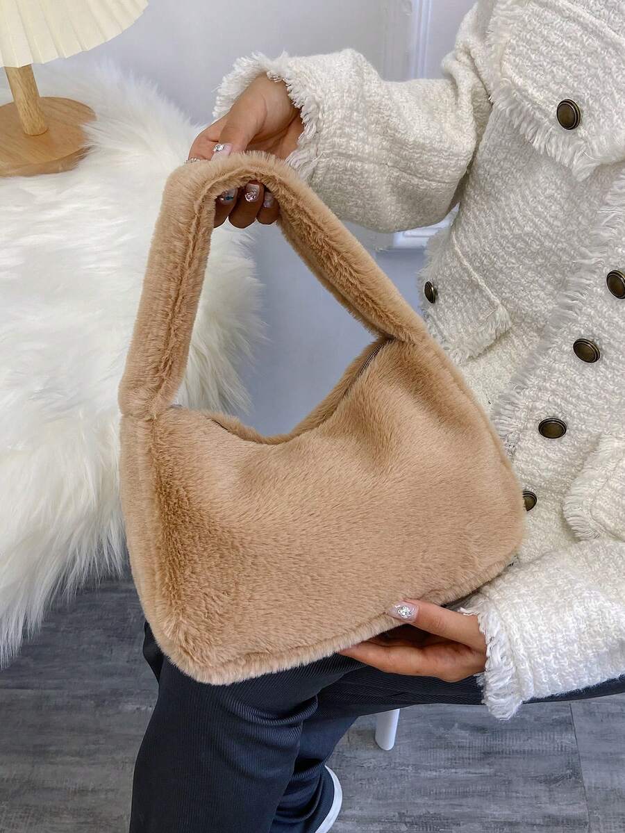 Women's Fluffy Shoulder Bag, Fashionable And Versatile For Daily Commute, Travel, Shopping - Camel - View 1