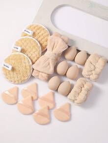 18 PIEZAS Juego de herramientas de maquillaje que incluye: 1 diadema + 2 correas para tazón de mano + 6 esponjas de maquillaje + 6 borlas de polvo triangulares + 3 esponjas de limpieza facial - Multicolor - Ver 2