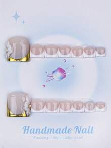 14PCS - Toenails, Square Shape, 100% Handmade, Y2K Style, Sturdy Quality, Reusable, Gold, White, Paired With French Style, 3D, Suitable For Daily Wear, Parties, And Also The Best Holiday Gift For Girls And Women. - White - View 1