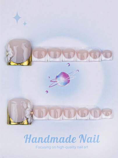 14PCS - Toenails, Square Shape, 100% Handmade, Y2K Style, Sturdy Quality, Reusable, Gold, White, Paired With French Style, 3D, Suitable For Daily Wear, Parties, And Also The Best Holiday Gift For Girls And Women.
