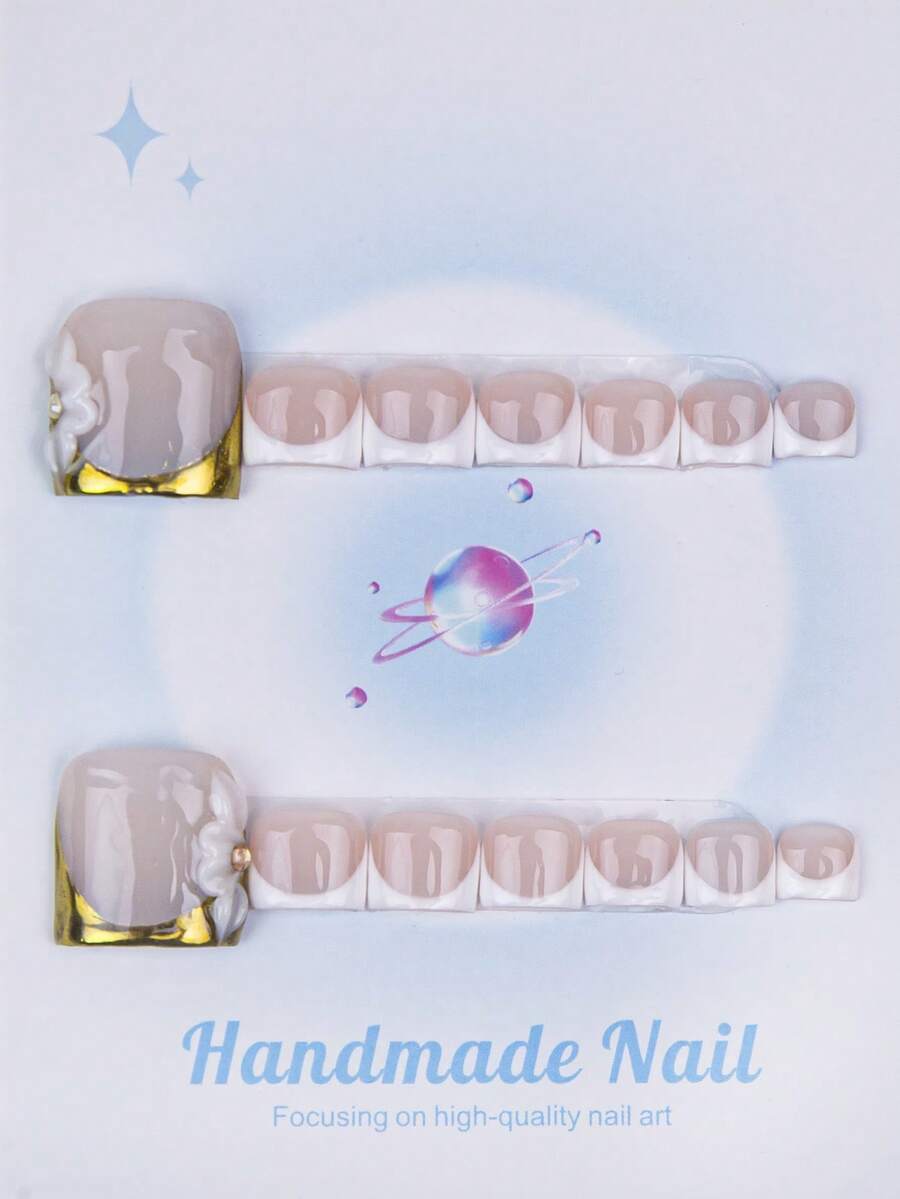 14PCS - Toenails, Square Shape, 100% Handmade, Y2K Style, Sturdy Quality, Reusable, Gold, White, Paired With French Style, 3D, Suitable For Daily Wear, Parties, And Also The Best Holiday Gift For Girls And Women. - White - View 1