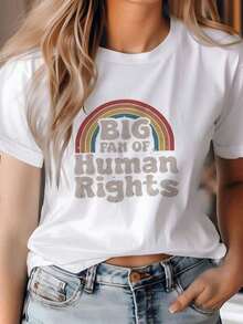 Camiseta de algodón puro para mujer, casual, de cuello redondo y manga corta. |   Gran admirador de la impresión de derechos humanos, tela transpirable, adecuada para todas las estaciones. - Blanco - Ver 6