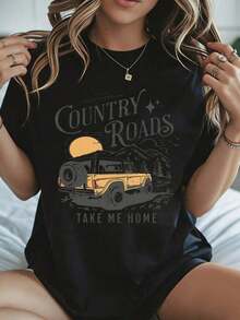 Women's "Country Roads Take Me Home" Graphic T-Shirt, Mountain Sunset Design, Casual Summer Clothing For Outdoor Adventures - 黑色 - 查看 1