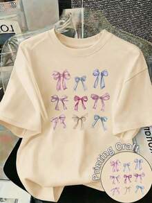 Soft 100% Cotton Women's Casual Round Neck Short Sleeve T-Shirt With A Lovely Bow Print, Regular Fit, Breathable, Goes With Everything, Cool And Modern. - 杏色 - 查看 8