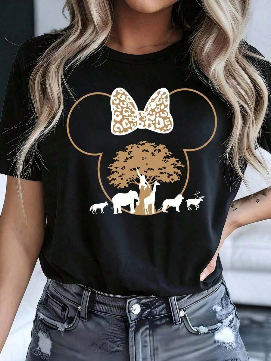Camiseta de manga corta para mujer , casual, blanca, de manga regular, cuello redondo, de algodón, con lazo con estampado de leopardo y gráfico de animales de safari, corte regular con tela ligeramente elástica, estilo casual. - Negro - Ver 1