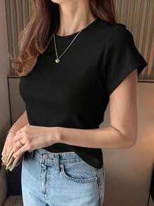 Camiseta básica de mujer de cuello redondo de unicolor de manga corta, blanca, para primavera/verano, de estilo casual de oficina - Negro - Ver 3