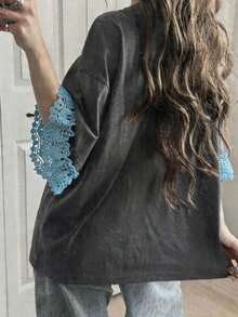 Camiseta de manga corta para mujer con ajuste holgado, estampado de letras, parches de encaje, de mezcla de algodón transpirable, versátil para primavera/verano - Gris 5 - Ver 3