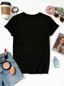 Women's T-Shirt, New Summer Short Sleeve Round Neck T-Shirt For Women, Cat And Heart Print, Loose Casual Top, Fashionable Casual Outfit For Women, Night Out Tops For Women - 黑色 - 查看 3