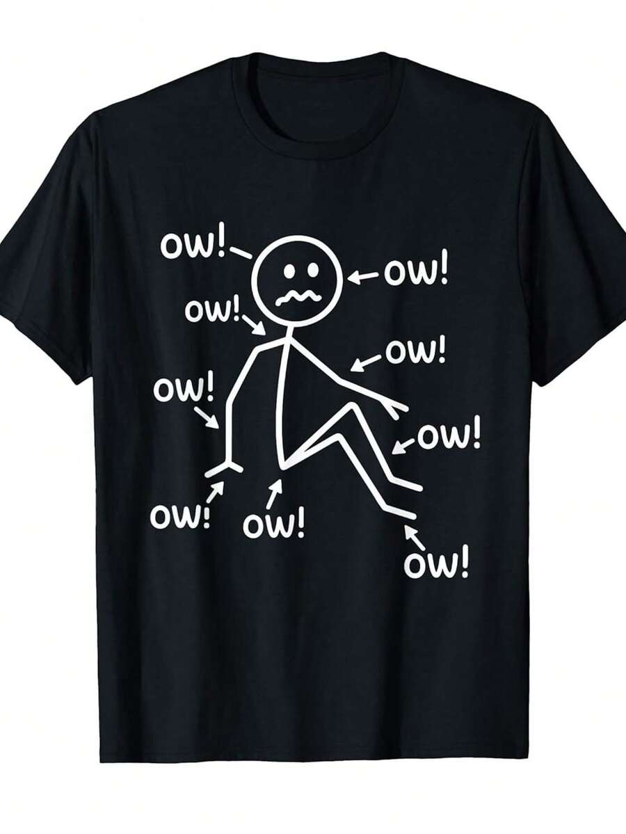 Chronic Pain Awareness T-Shirt With Smiling Character Saying "Ouch!" And Fibromyalgia Symptoms - Soft And Comfortable Crew Neck T-Shirt For Men And Women, Sizes S-XXXL, Ideal Gift For Fibromyalgia Sufferers, Casual Wear, Durable Heat Transfer Print, Short Sleeve T-Shirt For Chronic Illness Support, Relaxed Fit With Funny Hand-Drawn Character And "Ouch!" Text, All Season Wear, Perfect For Family And Friends, Chronic Pain Management Clothing, Graphic T-Shirt For Men, Graphic T-Shirt For Men, Graphic T-Shirt - 黑色 - 查看 1