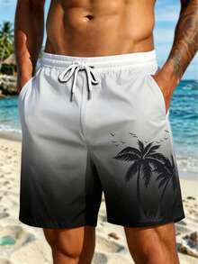 Men's Plus Size Gradient Palm Tree Print Unlined Drawstring Elastic Waist Slant Pocket Casual Vacation Hawaiian Beach Shorts - Black and White - View 3
