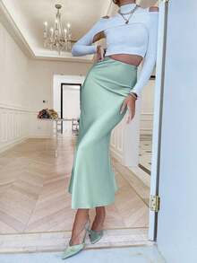 Sollinarry Falda larga de unicolor básica, corte slim, estilo casual de calle para uso diario, elegante en negro para verano y primavera - Frijol gris verde - Ver 1