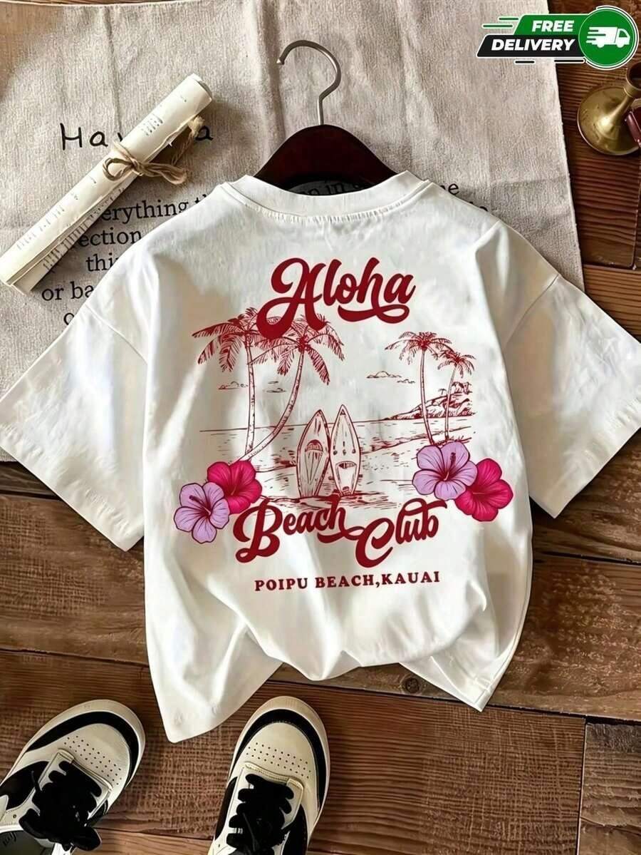 [Entrega Local]Playera Para Mujer Camiseta Para Mujer De PoliéSter En Color Blanco Con Estampado De Playa Hawaiana, Palmeras Y Flores – Casual Y De Uso Diario, EnvíO Nacional En MéXico - Blanco - Ver 1