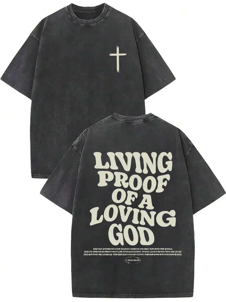 1 camiseta vintage de algodón lavado con el estampado inspirador "Una prueba viva del amor por Dios", ropa urbana unisex, gris con letras blancas, cuello redondo, cómoda para todas las estaciones, un regalo perfecto para hombres o mujeres.