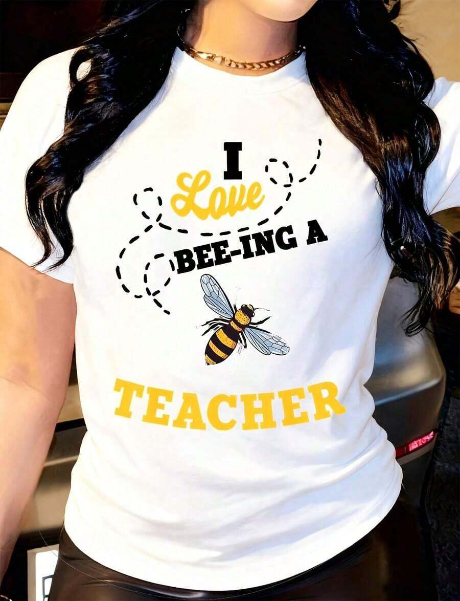 Bee Love Teacher Women's T-Shirt, Casual Short Sleeve T-Shirt, Daily Outdoor Wear T-Shirt, Suitable For Any Occasion, Perfect As A Birthday Gift, For Wear In All Seasons - 白色 - 查看 1