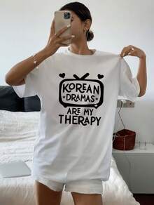 Women's Casual Sports T-Shirt With Korean Drama Text - White Round Neck T-Shirt, Elastic And Machine Washable, Comfortable Fit For All Seasons, Perfect For Korean Culture Lovers. - 白色 - 查看 1