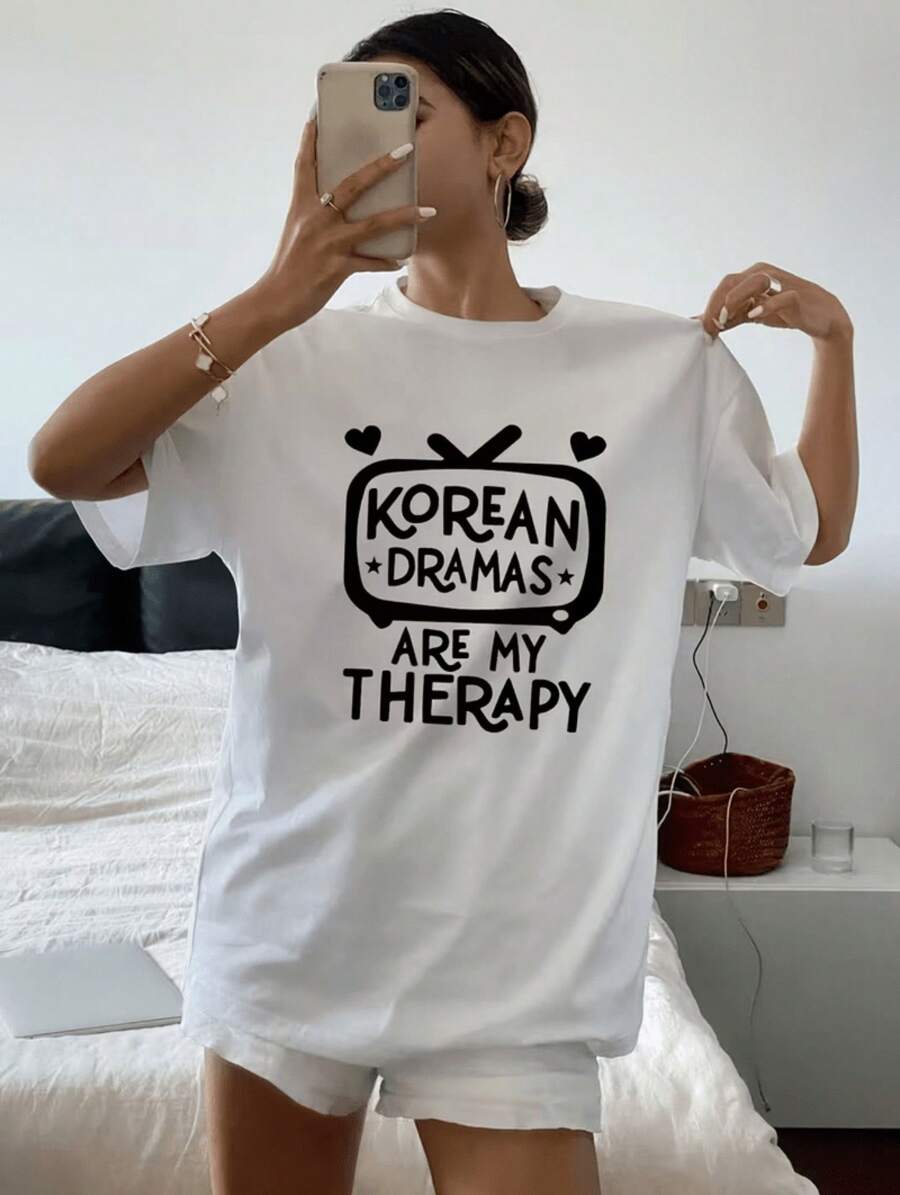 Women's Casual Sports T-Shirt With Korean Drama Text - White Round Neck T-Shirt, Elastic And Machine Washable, Comfortable Fit For All Seasons, Perfect For Korean Culture Lovers. - 白色 - 查看 1