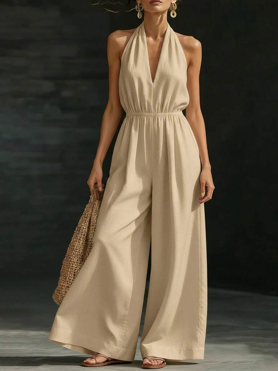 Mono nuevo de verano para mujer, de diseño, elegante, estilo francés, top halter de cuello V, perfecto para oficina, looks de día y ocasiones informales, favorecedor - Albaricoque - Ver 1