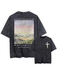 Unisex Vintage Washed, Loose-Fitting Black T-Shirt With The Phrase "Christian Faith In Jesus Overcomes Fear", T-Shirt With Biblical Verse,  Vintage Loose-Fitting Unisex T-Shirt, Harajuku Style Cotton T-Shirt. - 黑色 - 查看 5