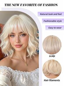 10 Inch Light Brown Wavy Bob Wig With Bangs, Natural Silky Texture Heat Resistant Synthetic Hair, Anti-Tangle Anti-Shedding Breathable Cap, Realistic Look Trending Viral Hairstyle For Daily Wear, Party, And Photoshoot Popular Women Hair Accessory - 白色 - 查看 7