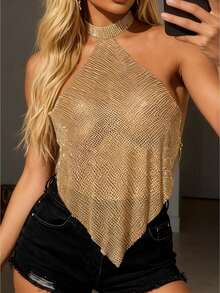 Top Halter de Mujer de Malla con Rhinestones, Brillante, Sin Mangas, Borde Asimétrico, Ajustado para Fiestas y Salidas Nocturnas de Verano - Dorado - Ver 1