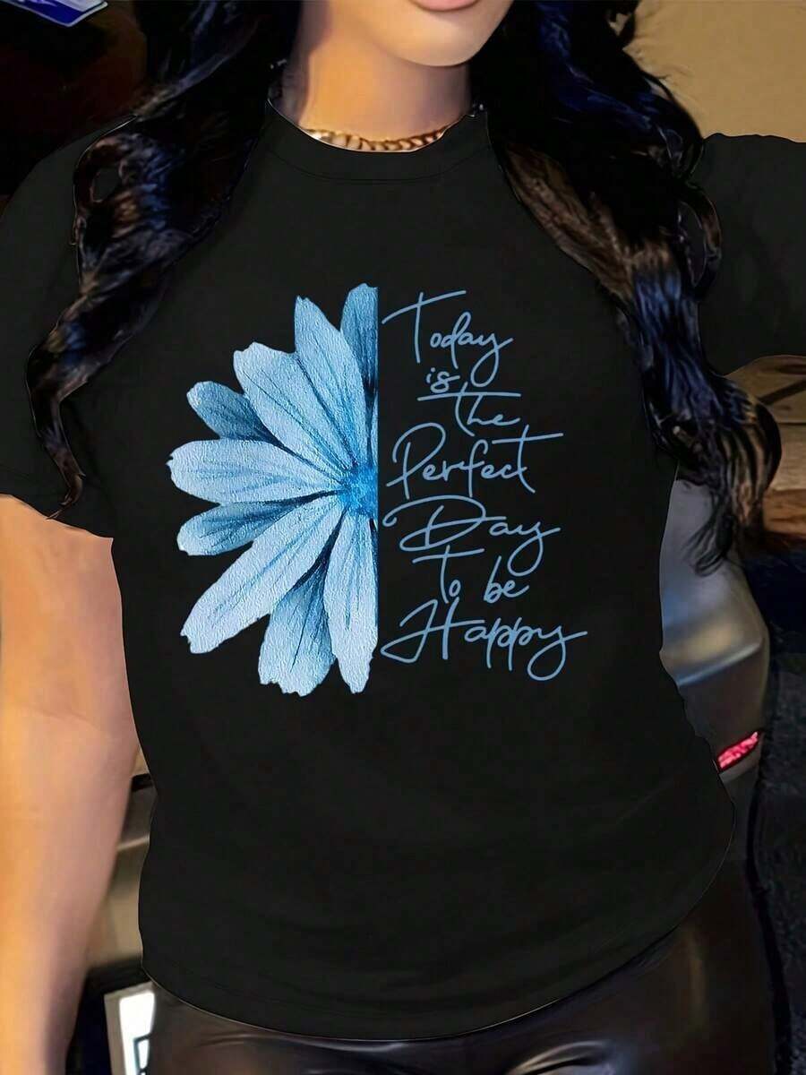 Camiseta de Mujer con Frases Inspiradoras, Estampado de Margaritas Azules, Camiseta Suave, Estilo Casual, Manga Corta, Top de Verano a la Moda - Negro - Ver 1