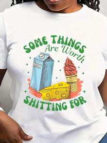 [Local Delivery] Women's T-Shirt Funny Graphic Tee For Women - Humorous Design With Milk, Ice Cream And Cheese - Casual Black Short Sleeve Crew Neck T-Shirt - Machine Washable, Regular Fit, Casual Wear For All Seasons, Regular Fit T-Shirt, Women's T-Shirts - 白色 - 查看 6