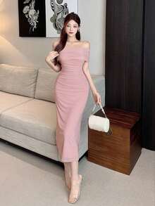 Vestido de hombros abiertos de unicolor, vestido de fiesta elegante para cumpleaños, Año Nuevo, baile de graduación, vestido de cóctel de hombros descubiertos de largo maxi - Rosa Pálido - Ver 1