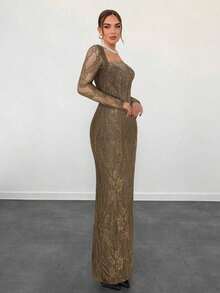 Vestido negro ajustado hasta el suelo con cuello corsé ahuecado y mangas largas con encaje en forma de S sexy para mujer para fiestas, citas y banquetes de otoño/invierno nuevo - Marrón Mocha - Ver 4