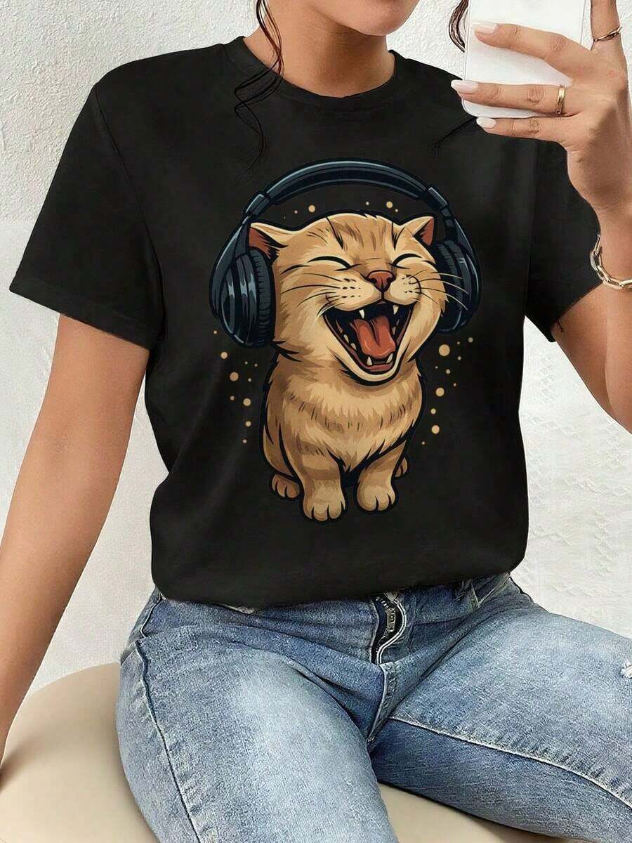 And Women's T-Shirt, Cute Cat - Graphic T-Shirt, Long Sleeve For Women, Minimalist Funny Cat Print, Gift For Friends Men's T-Shirt Tops Sweatshirts For Women Y2k T-Shirt Shirt - 黑色 - 查看 1