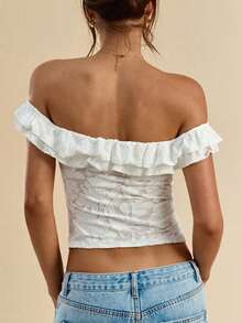 Women Summer Coquette Off Shoulder Ruffle Lace Crop Top Twist Front Short Sleeve Blouse - White - View 6