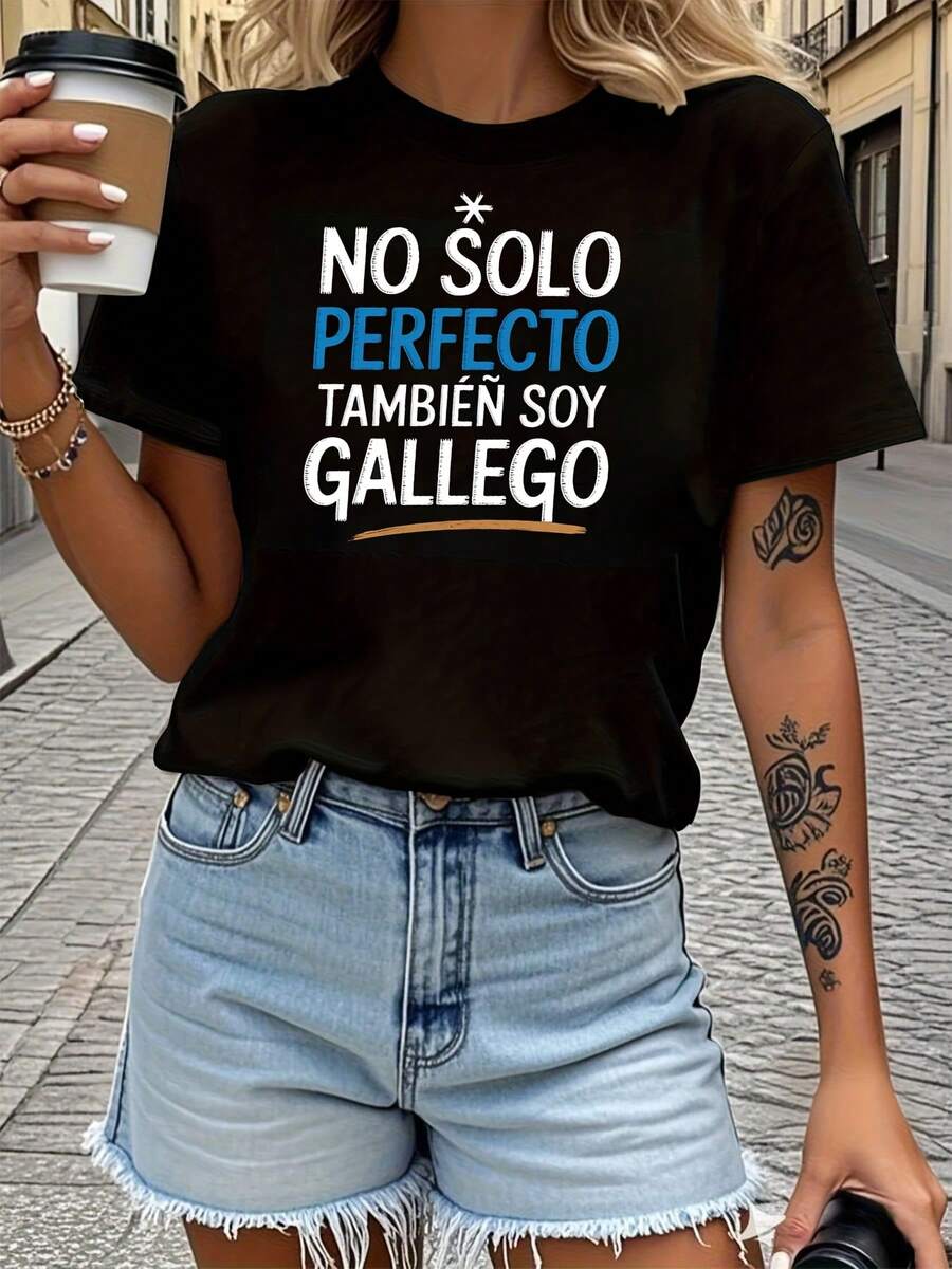 Camiseta de Mujer, Ropa Elegante para Mujer, Español Gallego NO PERFECTO TAMBIÉN SOY GALLEGO Estampado Confidente, Camiseta Negra de Manga Corta con Cuello Redondo Estampado - Lavable aáquina, Para Todas las Estaciones, Estilo Casual, Ajuste Cómodo, Diseño de Moda - Negro - Ver 1
