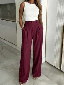 Women's Casual Wide Leg Pants, Loose Fashion Solid Color Unique Belt Design, Suitable For Office And Daily Wear - Burgundy - View 5