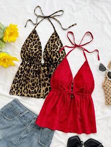 2 piezas Camiseta sin espalda con escote en V y tirantes con estampado de leopardo sexy, adecuada para vacaciones, citas, té de la tarde, vacaciones, festivales de música, estilo bohemio - Multicolor 4 - Ver 6